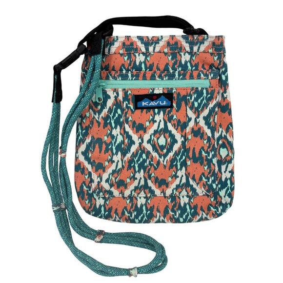 KAVU Keepalong Crossbody Bag Coral Turquoise Beach Paint Canvas Sling Rope - Picture 1 of 11